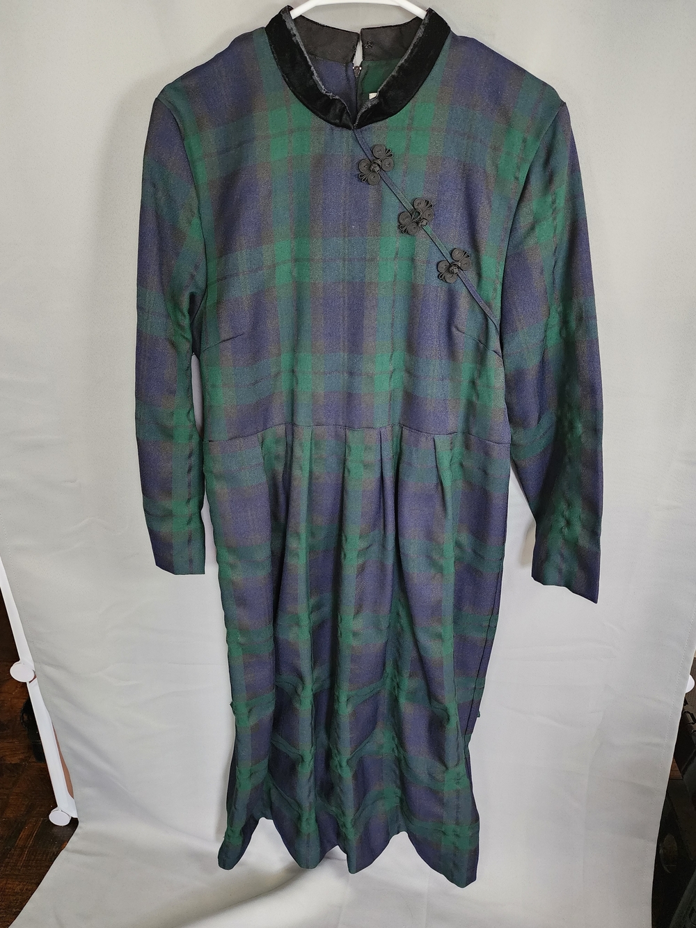 Vintage Halmode Petites Green and Navy Plaid Dress with Frog Closures
